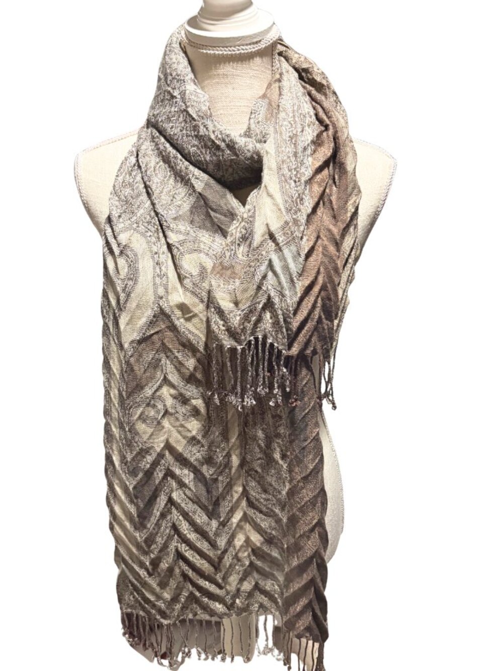 Collection Eighteen Paisley Scarf Wrap Taupe Gray Brown Fringe Boho Shawl